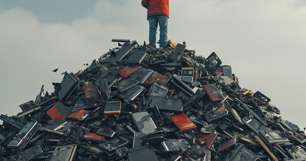 Un trabajador sostiene el Oukitel WP33 PRO en alto, sobre una montaña de móviles rotos, simbolizando la superior durabilidad de los móviles rugerizados