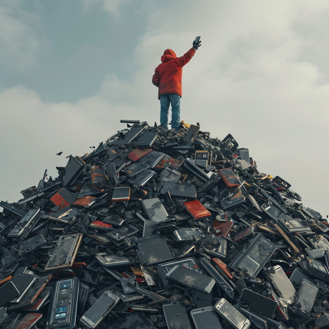 Un trabajador sostiene el Oukitel WP33 PRO en alto, sobre una montaña de móviles rotos, simbolizando la superior durabilidad de los móviles rugerizados