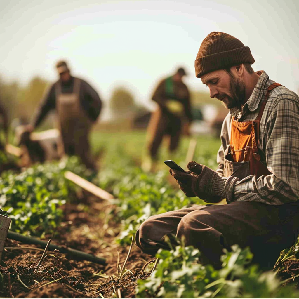 Agricultor operando su teléfono OUKITEL con guantes en una granja