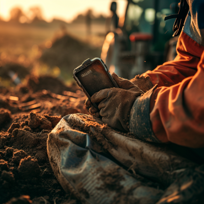 Agricultor usando su smartphone OUKITEL resistente en el campo