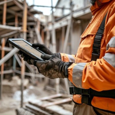 Operario en obra de construcción utilizando una tablet OUKITEL RT7 con guantes