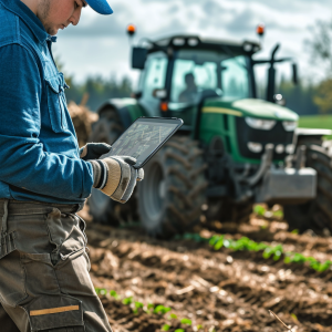 Agricultor usando una tablet OUKITEL RT7 junto a su tractor en un campo