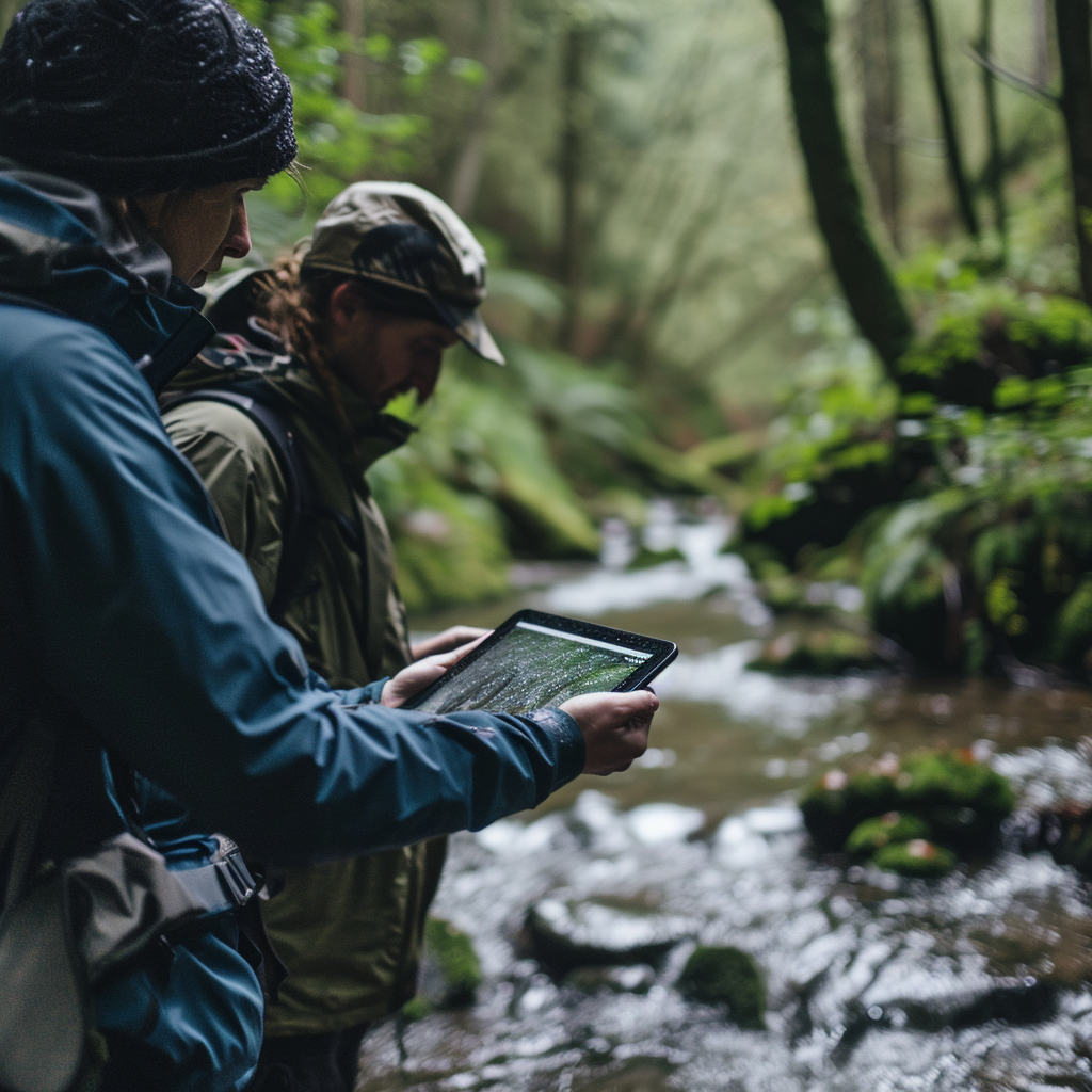 Grupo de excursionistas utilizando una tablet OUKITEL RT7 en un bosque lluvioso junto a un río