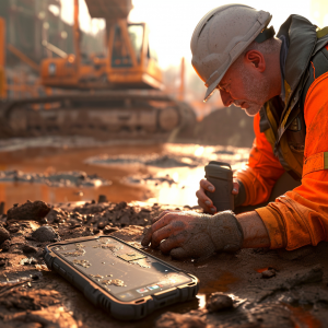 Smartphone rugerizado Oukitel WP32 sin daños en el suelo de una obra, rodeado de materiales de construcción