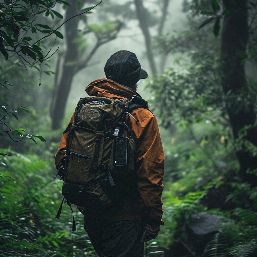 Excursionista con Oukitel WP32 colgado en la mochila, caminando por un bosque