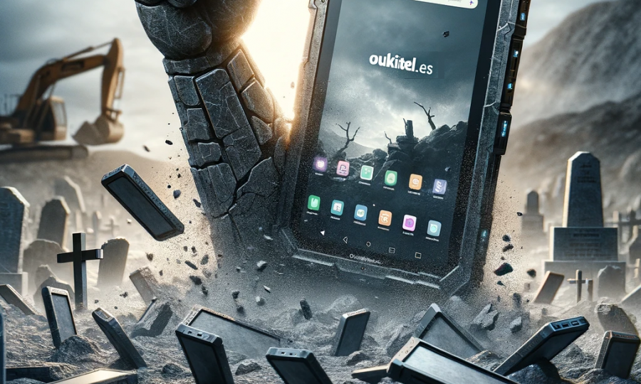 Una tablet rugerizada Oukitel se eleva sobre un cementerio de tablets rotas, destacando su durabilidad en un entorno de trabajo duro