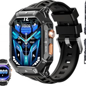 Smartwatch Oukitel BT80 mostrando su pantalla AMOLED y detalles de diseño en color negr y titanio