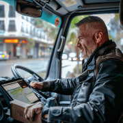 Conductor de reparto utilizando la tablet OUKITEL RT7 TITAN 5G montada en el camión para planificar rutas de entrega