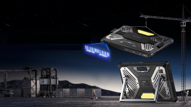 Oukitel RT10 Industry 5G tablet rugerizada con escáner de código de barras en obra nocturna