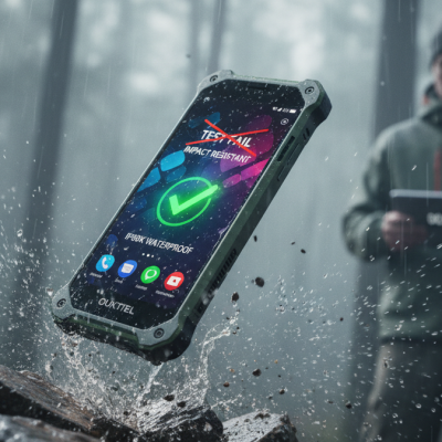 El mejor móvil resistente de 2026, un Oukitel, soportando una caída sobre rocas y salpicaduras de agua en una prueba extrema.