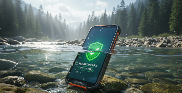 Fotografía detallada del mejor móvil resistente de 2026, un Oukitel, sumergido en un río de montaña para demostrar su certificación IP68.