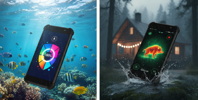 Catálogo oficial 2026 de Oukitel mostrando un móvil resistente bajo el agua y soportando golpes extremos en la naturaleza.