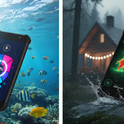 Catálogo oficial 2026 de Oukitel mostrando un móvil resistente bajo el agua y soportando golpes extremos en la naturaleza.