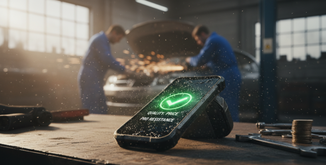 Usuario sosteniendo un móvil rugerizado calidad precio Oukitel en un entorno de trabajo exterior, demostrando su resistencia.