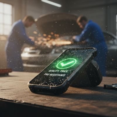 Usuario sosteniendo un móvil rugerizado calidad precio Oukitel en un entorno de trabajo exterior, demostrando su resistencia.