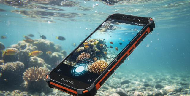 Smartphone Oukitel sumergido en agua clara mostrando la función de cámara para fotos acuáticas.