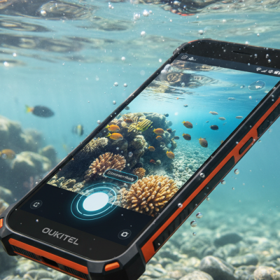 Smartphone Oukitel sumergido en agua clara mostrando la función de cámara para fotos acuáticas.