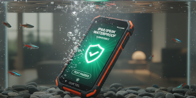 Smartphone Oukitel sumergido en una pecera con burbujas, demostrando ser un móvil resistente al agua de alta gama.