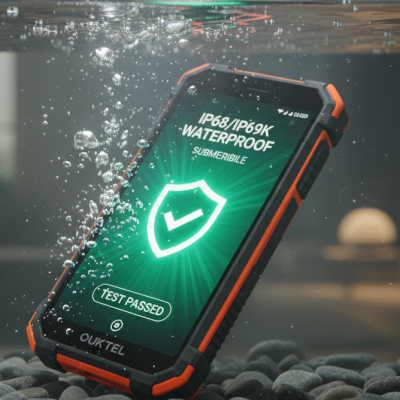 Smartphone Oukitel sumergido en una pecera con burbujas, demostrando ser un móvil resistente al agua de alta gama.
