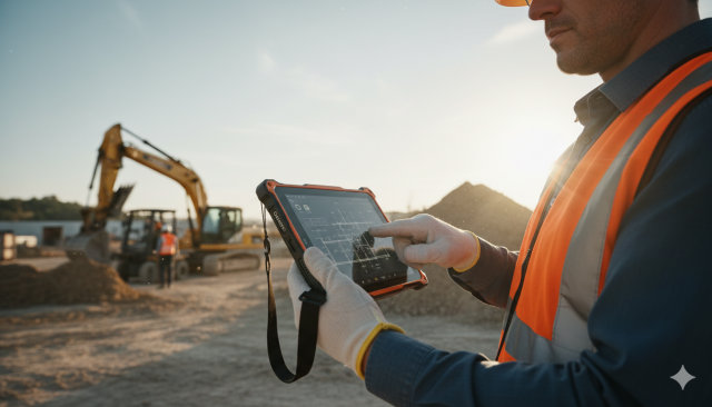 Un profesional usando una tablet rugerizada Oukitel con correa de mano en una obra de construcción al aire libre.