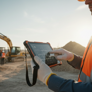 Un profesional usando una tablet rugerizada Oukitel con correa de mano en una obra de construcción al aire libre.