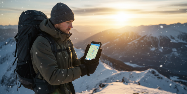 Aventurero utilizando un teléfono todoterreno Oukitel con 5G en la cima de una montaña nevada para consultar mapas.