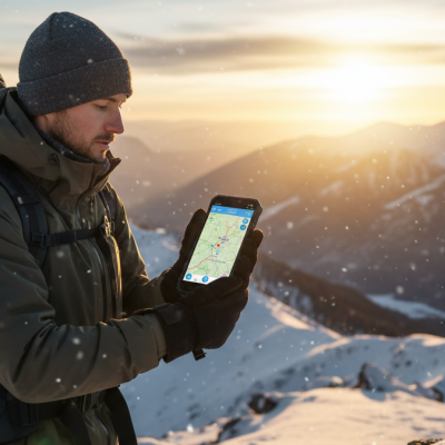 Aventurero utilizando un teléfono todoterreno Oukitel con 5G en la cima de una montaña nevada para consultar mapas.