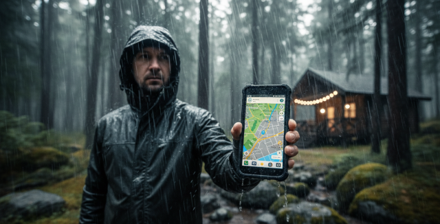 Usuario utilizando un teléfono todoterreno Oukitel bajo la lluvia, demostrando su resistencia al agua y a las condiciones climáticas adversas.