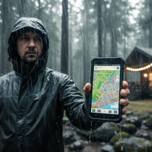 Usuario utilizando un teléfono todoterreno Oukitel bajo la lluvia, demostrando su resistencia al agua y a las condiciones climáticas adversas.