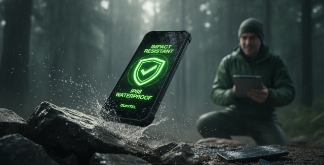 El mejor móvil resistente de 2026, un Oukitel, soportando una caída sobre rocas y salpicaduras de agua en una prueba extrema.