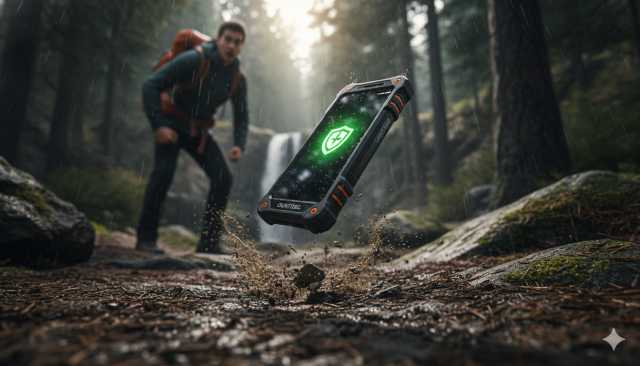 Un móvil resistente Oukitel cayendo al suelo y sobreviviendo al impacto sin daños en un entorno exterior.