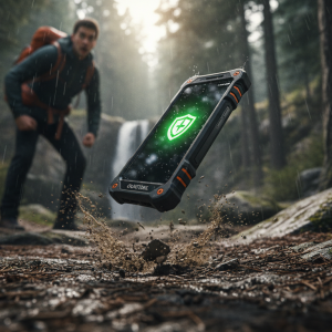 Un móvil resistente Oukitel cayendo al suelo y sobreviviendo al impacto sin daños en un entorno exterior.