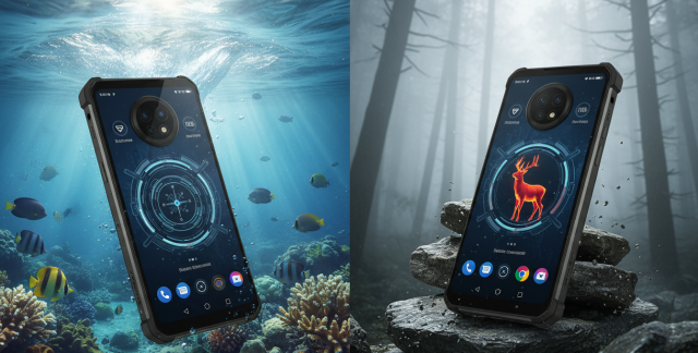 Bodegón con el mejor móvil resistente de 2026, el Oukitel WP60, mostrando su pantalla encendida bajo el agua y sobre rocas.