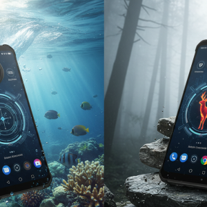 Bodegón con el mejor móvil resistente de 2026, el Oukitel WP60, mostrando su pantalla encendida bajo el agua y sobre rocas.