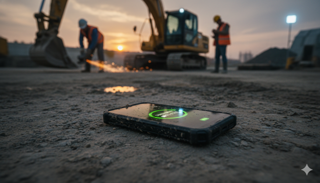 Un móvil rugerizado Oukitel cubierto de polvo y barro en una obra de construcción, funcionando perfectamente.