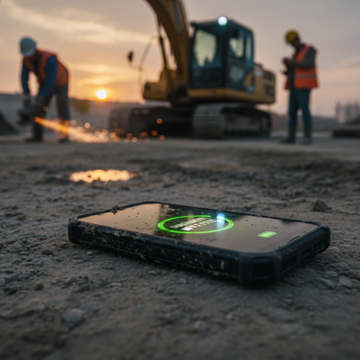 Un móvil rugerizado Oukitel cubierto de polvo y barro en una obra de construcción, funcionando perfectamente.