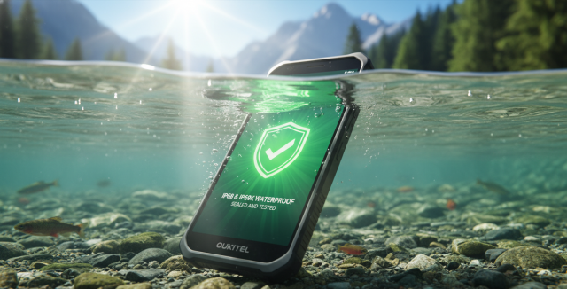 Smartphone rugerizado Oukitel sumergido bajo el agua cristalina demostrando su estanqueidad total.