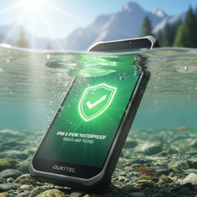 Smartphone rugerizado Oukitel sumergido bajo el agua cristalina demostrando su estanqueidad total.