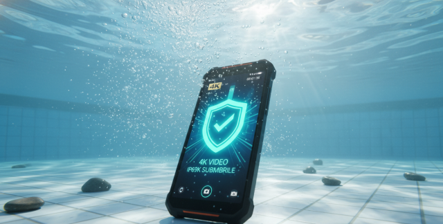 Un móvil sumergible Oukitel WP60 reposando en el fondo de una piscina cristalina mientras graba vídeo 4K.