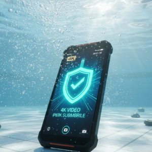 Un móvil sumergible Oukitel WP60 reposando en el fondo de una piscina cristalina mientras graba vídeo 4K.