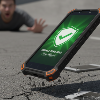 Smartphone rugerizado Oukitel rebotando contra el asfalto tras una caída, demostrando ser un móvil anti golpes real.