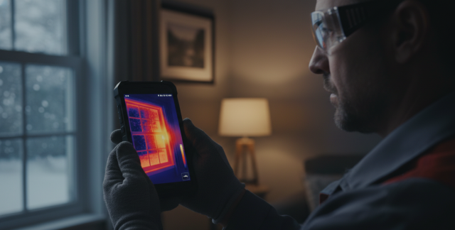 Un técnico utilizando un móvil con cámara térmica Oukitel para detectar una fuga de calor en una ventana mal aislada.