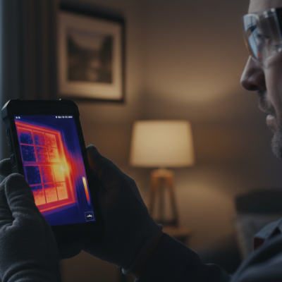 Un técnico utilizando un móvil con cámara térmica Oukitel para detectar una fuga de calor en una ventana mal aislada.
