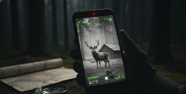 Smartphone Oukitel mostrando en pantalla una imagen nítida en blanco y negro capturada con su cámara de visión nocturna en oscuridad total.