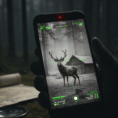 Smartphone Oukitel mostrando en pantalla una imagen nítida en blanco y negro capturada con su cámara de visión nocturna en oscuridad total.