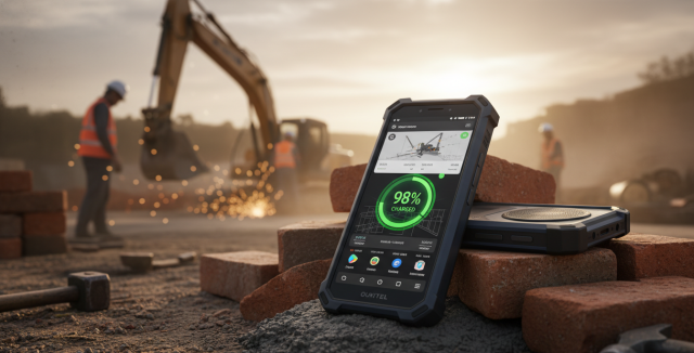 Fotografía de un móvil para la construcción Oukitel WP60 reposando sobre ladrillos y cemento en una obra activa.