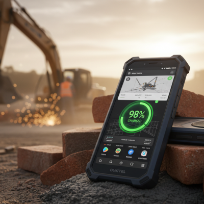 Fotografía de un móvil para la construcción Oukitel WP60 reposando sobre ladrillos y cemento en una obra activa.