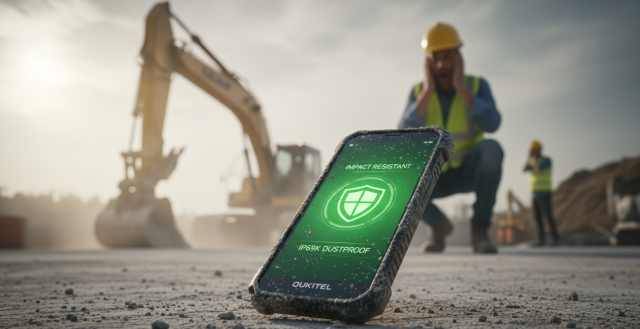 Trabajador en una obra utilizando un móvil para la construcción Oukitel WP60 resistente a caídas y suciedad.