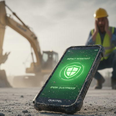 Trabajador en una obra utilizando un móvil para la construcción Oukitel WP60 resistente a caídas y suciedad.