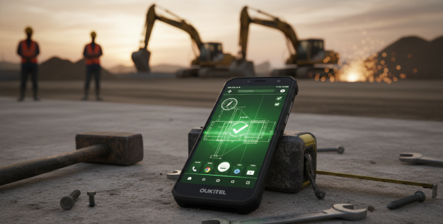 Un móvil para la construcción Oukitel WP60 reposando sobre una superficie de cemento y herramientas de obra, funcionando perfectamente.